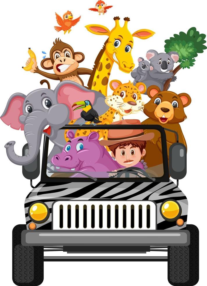 conceito de zoológico com animais selvagens no carro, isolado no fundo branco vetor