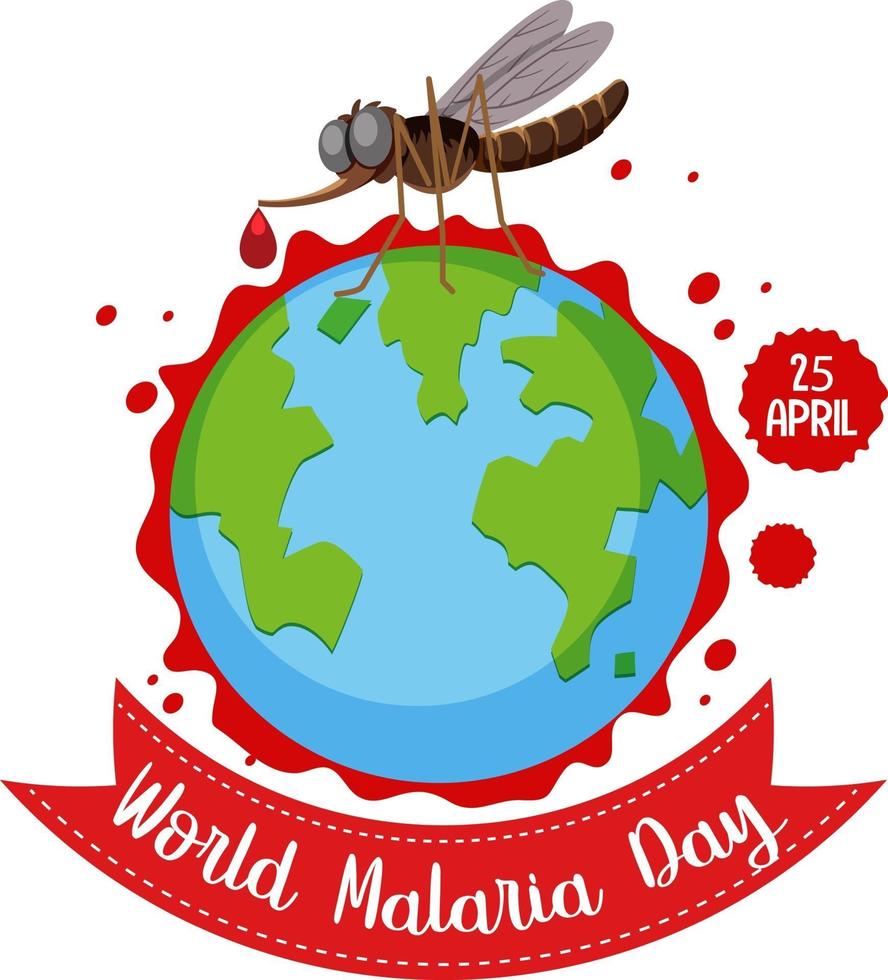 logotipo da malária ou banner com mosquito no fundo do mapa mundial vetor