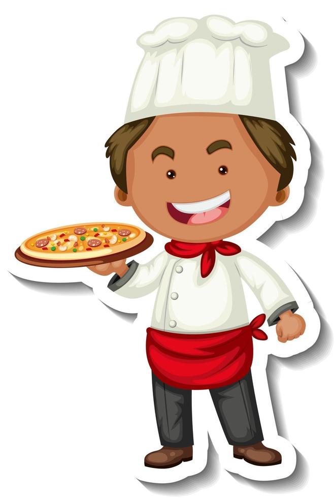 modelo de adesivo com um chef segurando a bandeja de pizza isolada vetor