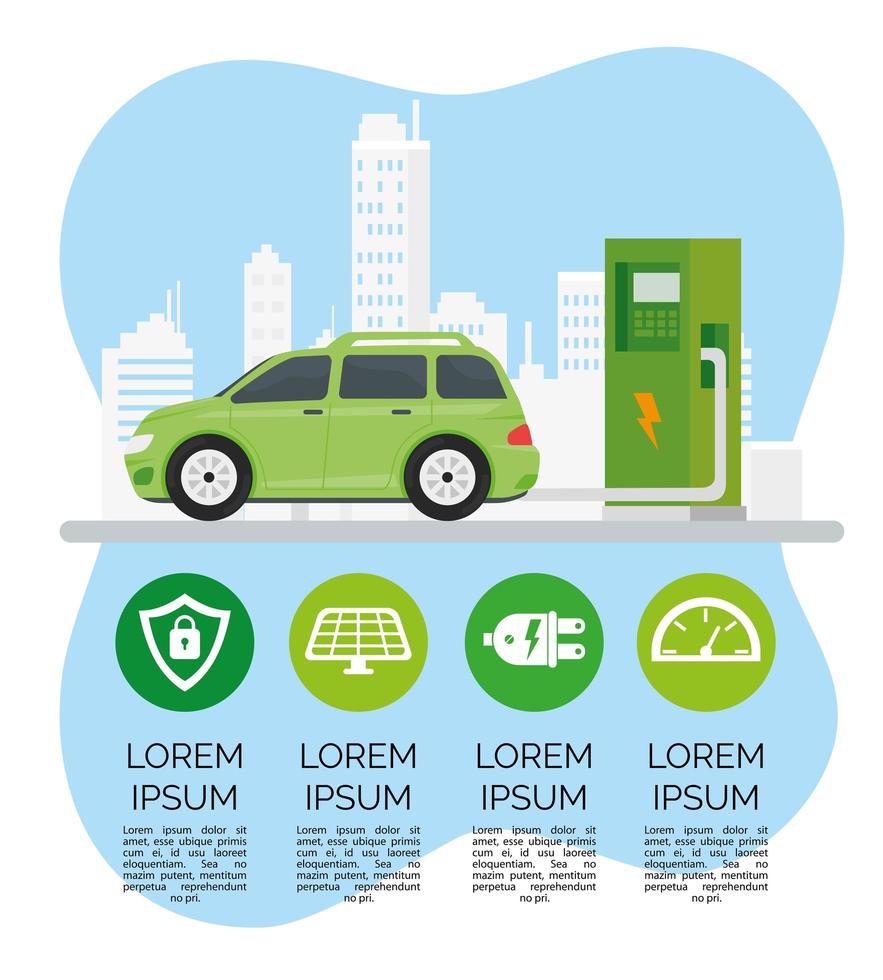 alternativa ecológica de carro elétrico verde na estação de carga e conjunto de ícones vetor