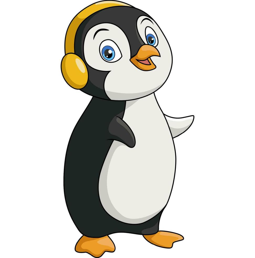 fofa pinguim desenho animado vestindo fone de ouvido vetor