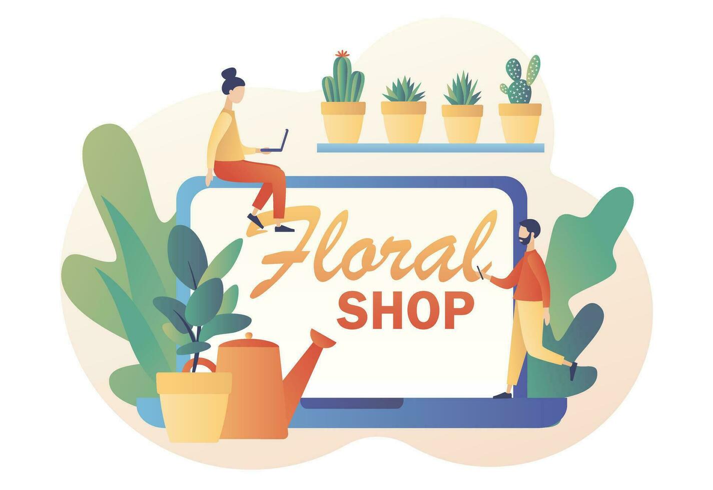 floral fazer compras on-line. minúsculo pessoas ordens flor panelas dentro rede local. florista conceito. florística negócios. flor Entrega. moderno plano desenho animado estilo. vetor ilustração em branco fundo