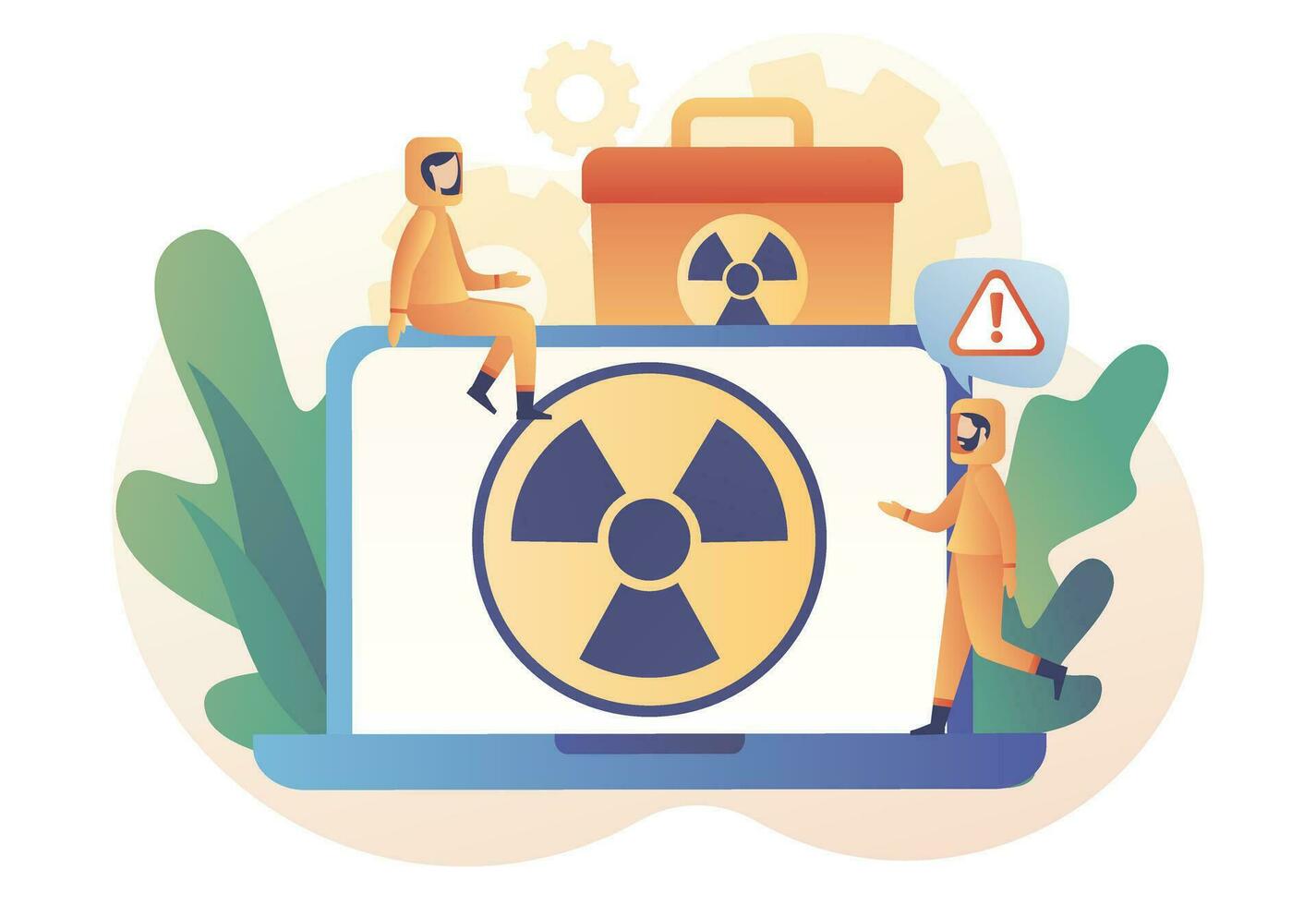 minúsculo pessoas dentro radioativo proteção terno. radiação Atenção placa em computador portátil tela. nuclear tóxico desperdício conceito. moderno plano desenho animado estilo. vetor ilustração em branco fundo