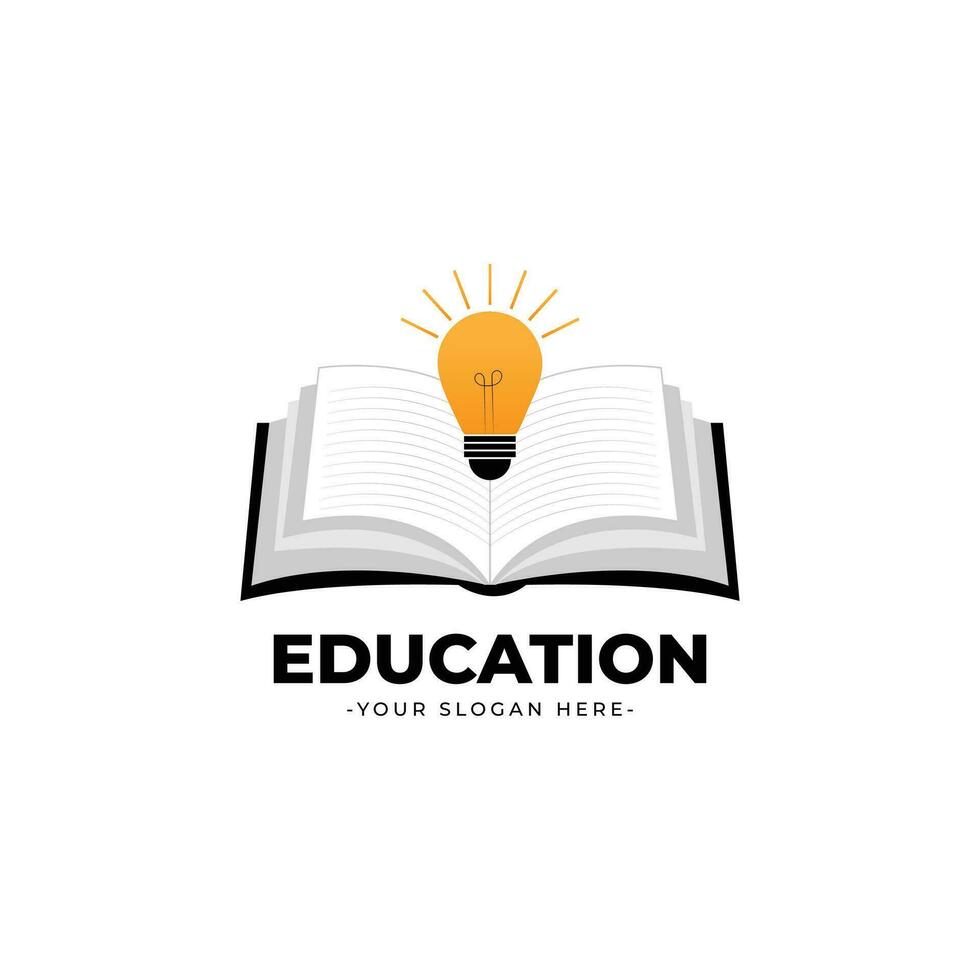 Educação luz lâmpada logotipo com aberto livro vetor