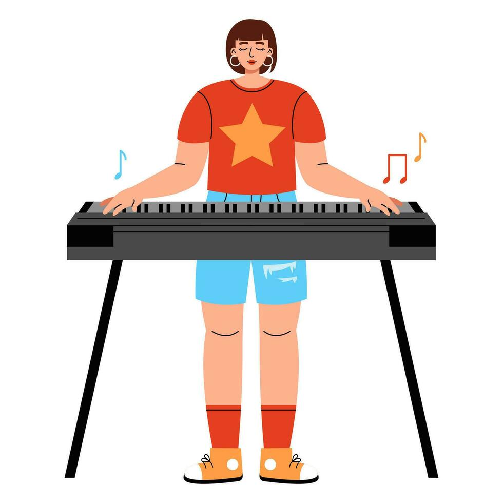 jovem mulher jogando sintetizador, elétrico piano instrumento. plano desenho animado vetor ilustração isolado em branco fundo.