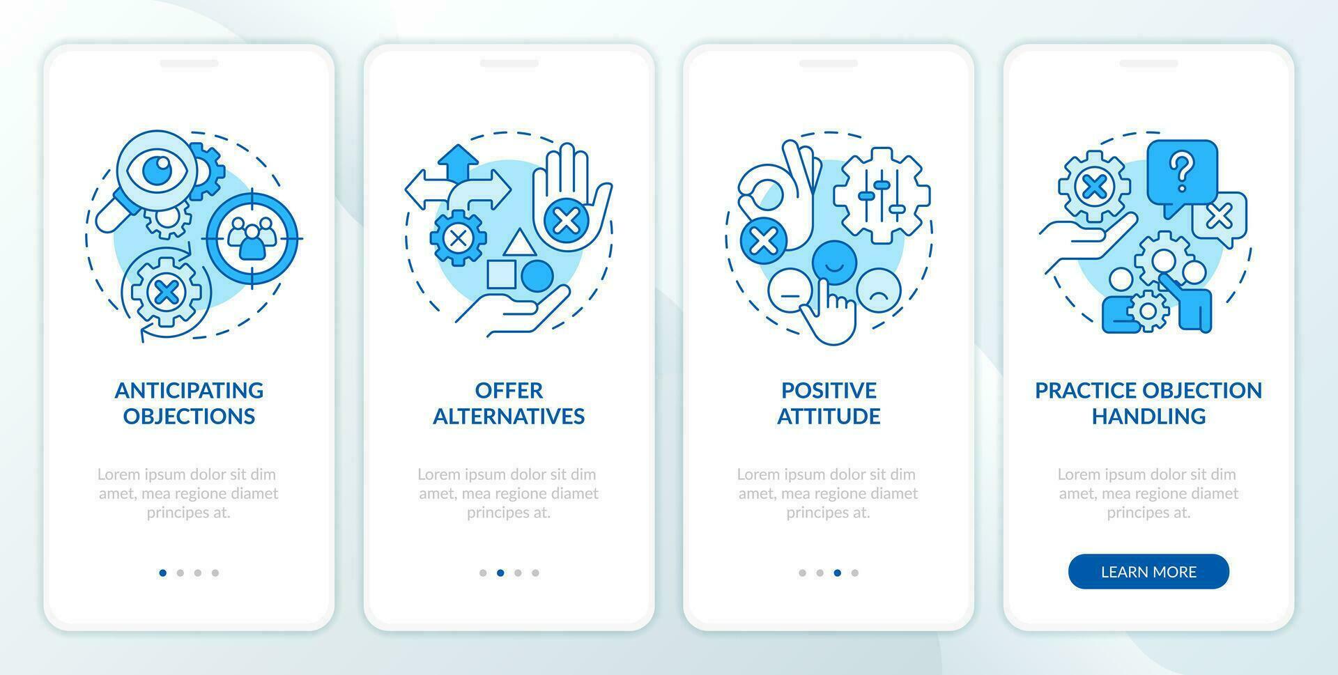 objeção tratamento métodos azul onboarding Móvel aplicativo tela. vendas habilidade passo a passo 4 passos editável gráfico instruções com linear conceitos. interface do usuário, ux modelo vetor