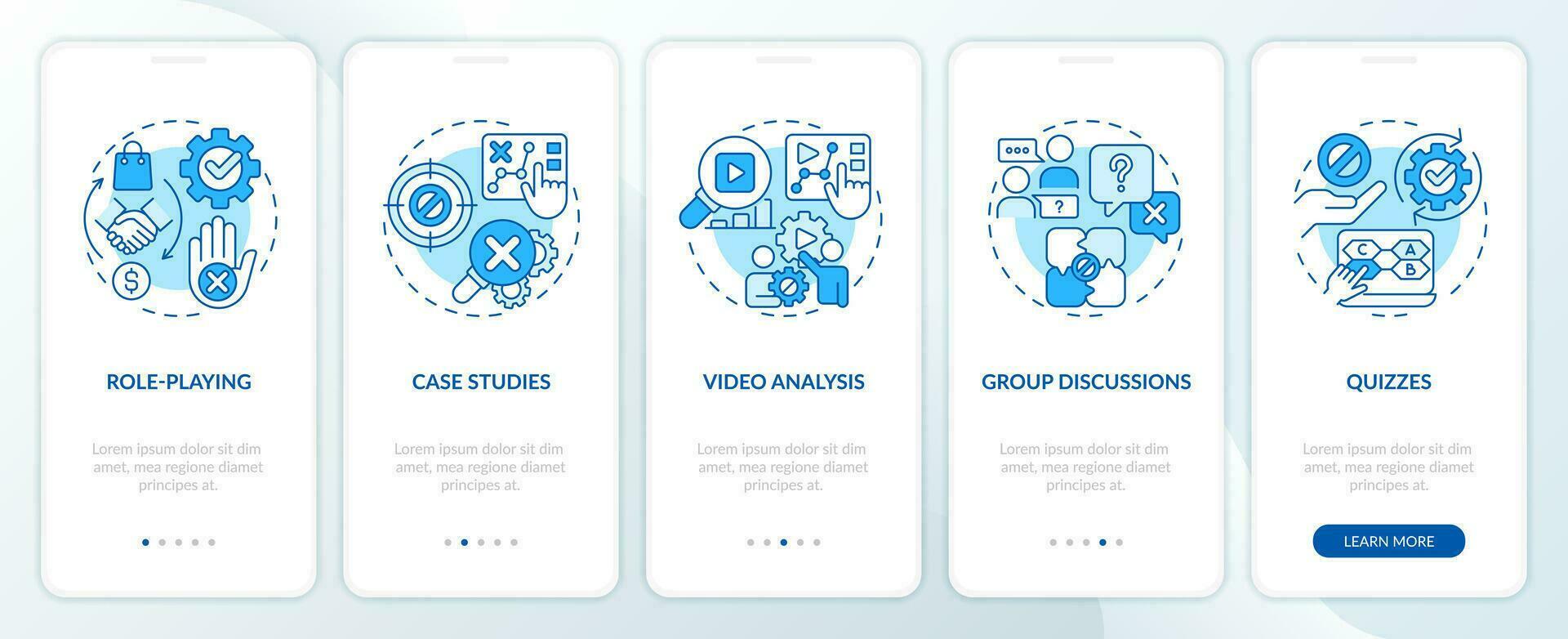 objeção tratamento Treinamento azul onboarding Móvel aplicativo tela. vendas fechamento passo a passo 5 passos editável gráfico instruções com linear conceitos. ui modelo vetor