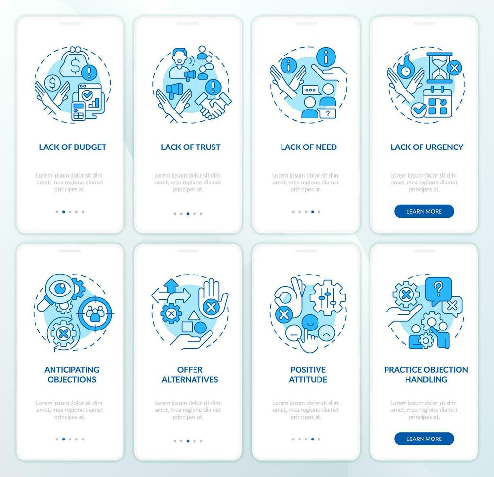 objeção tratamento azul onboarding Móvel aplicativo tela definir. fechamento acordo. passo a passo 4 passos editável gráfico instruções com linear conceitos. interface do usuário, ux modelo vetor