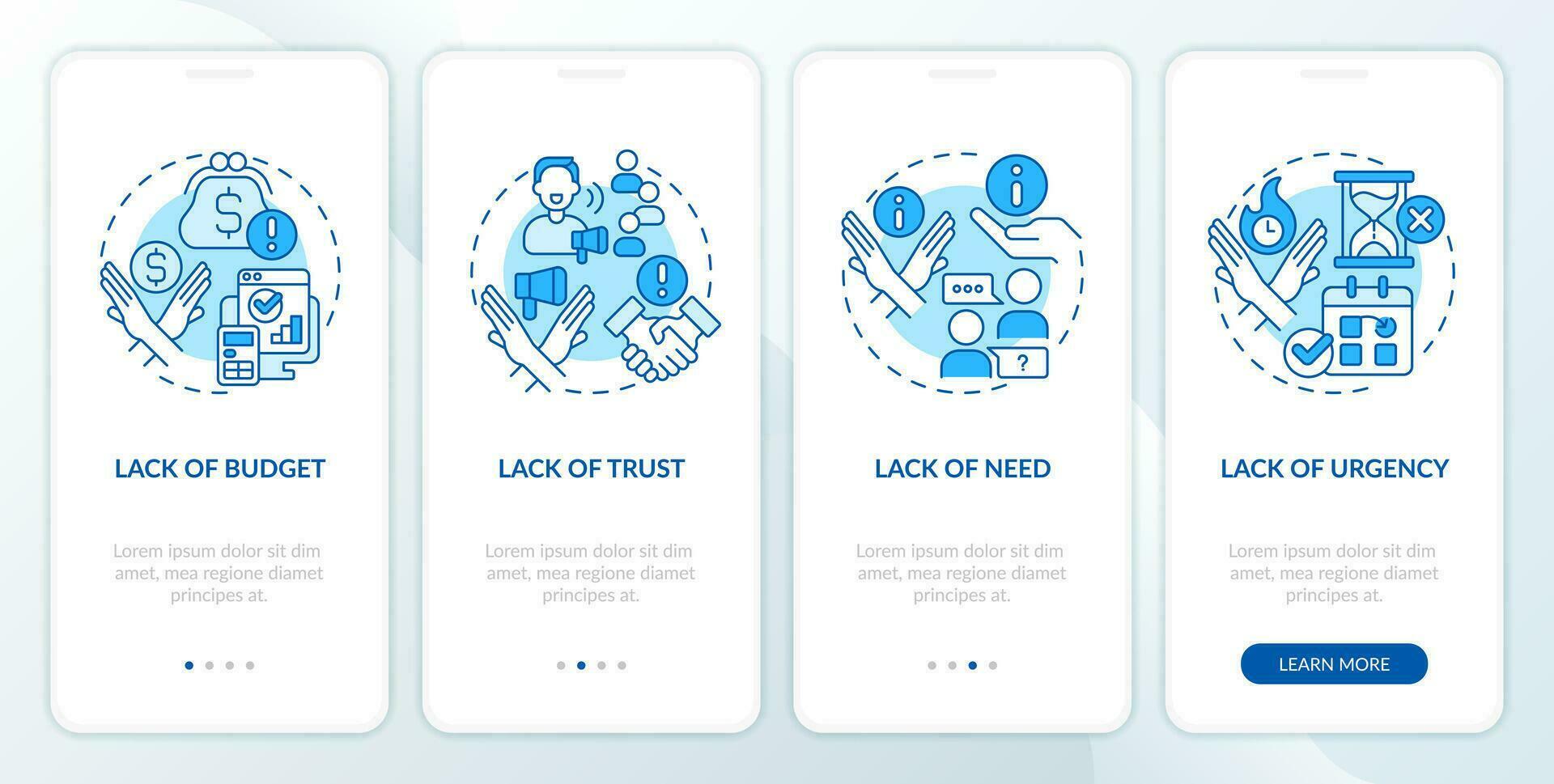 tipos do objeções azul onboarding Móvel aplicativo tela. vendas negociação passo a passo 4 passos editável gráfico instruções com linear conceitos. interface do usuário, ux modelo vetor