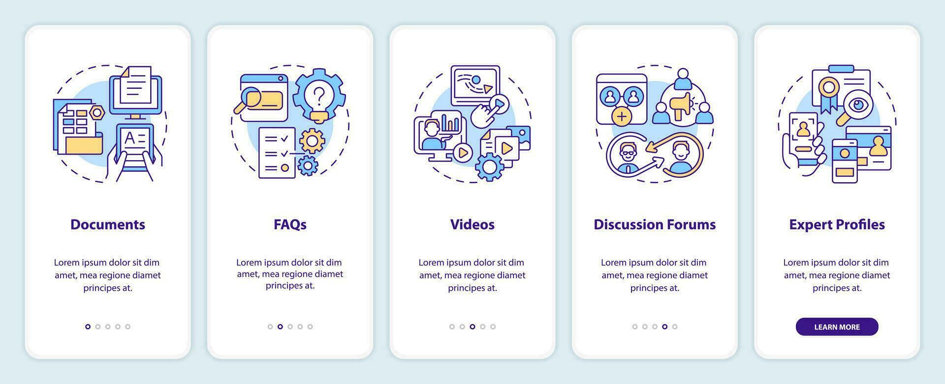 2d multicolorido linear ícones representando conhecimento gestão Móvel aplicativo tela definir. 5 passos gráfico instruções, interface do usuário, ux, gui modelo. vetor