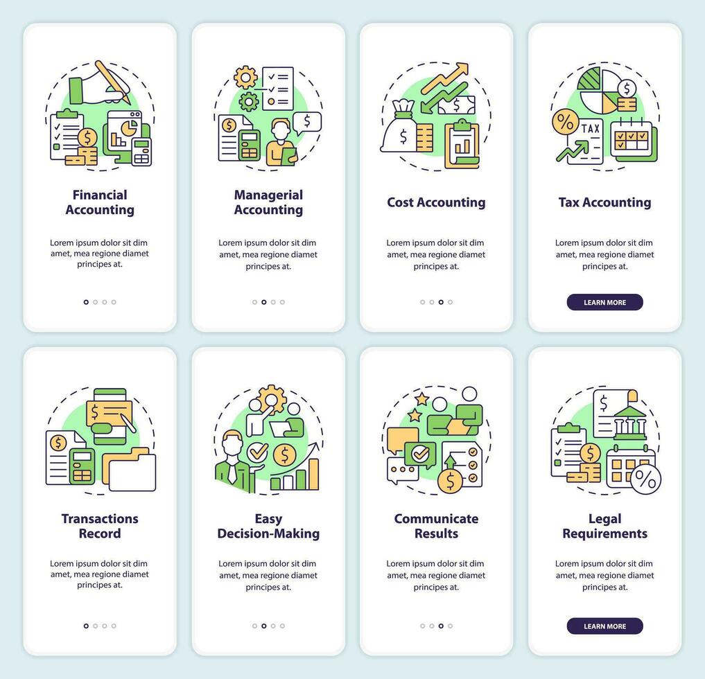 contabilidade onboarding Móvel aplicativo tela definir. tipos e importância passo a passo 4 passos editável gráfico instruções com linear conceitos. interface do usuário, ux, gui modelo vetor