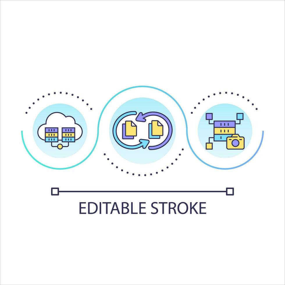 comovente arquivos cópias ciclo conceito ícone. desastre recuperação abordagem. dados transferir para nuvem armazenamento abstrato idéia fino linha ilustração. isolado esboço desenho. editável acidente vascular encefálico vetor