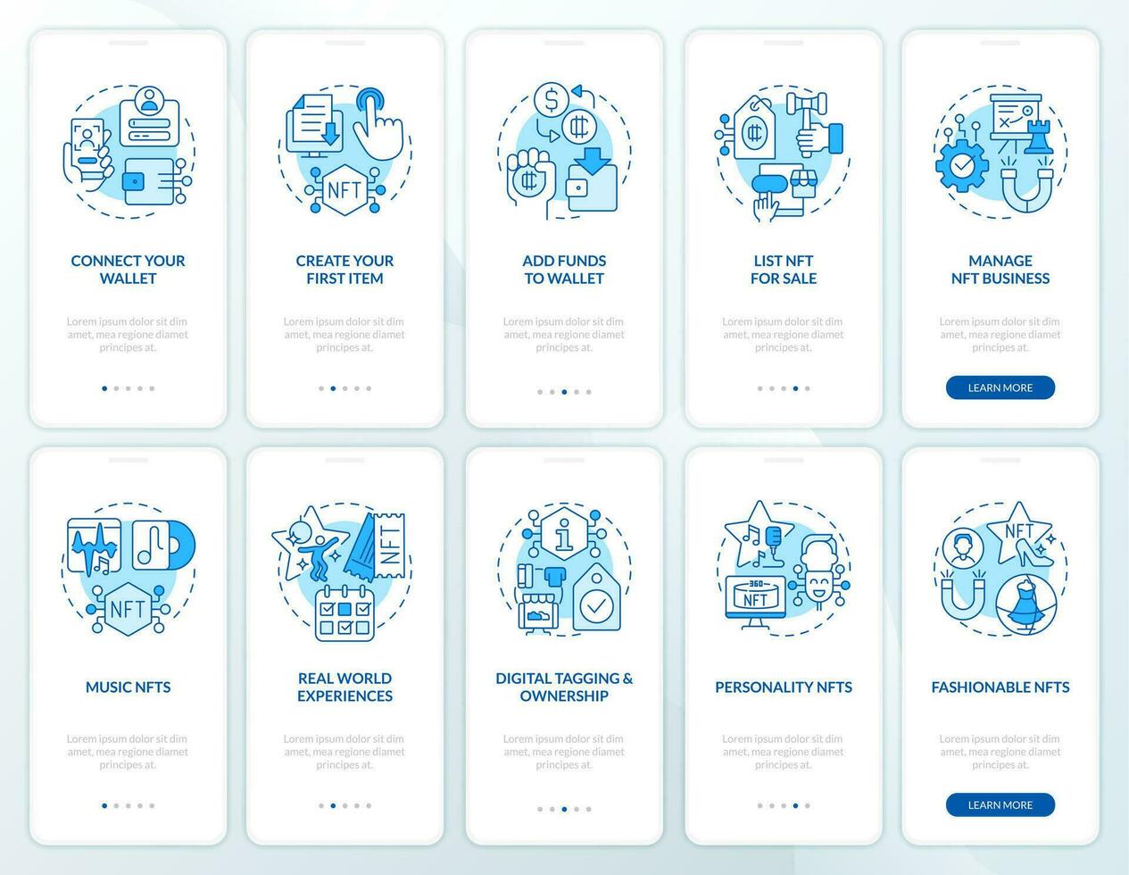 nfts cunhagem e tendências azul onboarding Móvel aplicativo tela definir. passo a passo 5 passos editável gráfico instruções com linear conceitos. interface do usuário, ux, gui modelo vetor