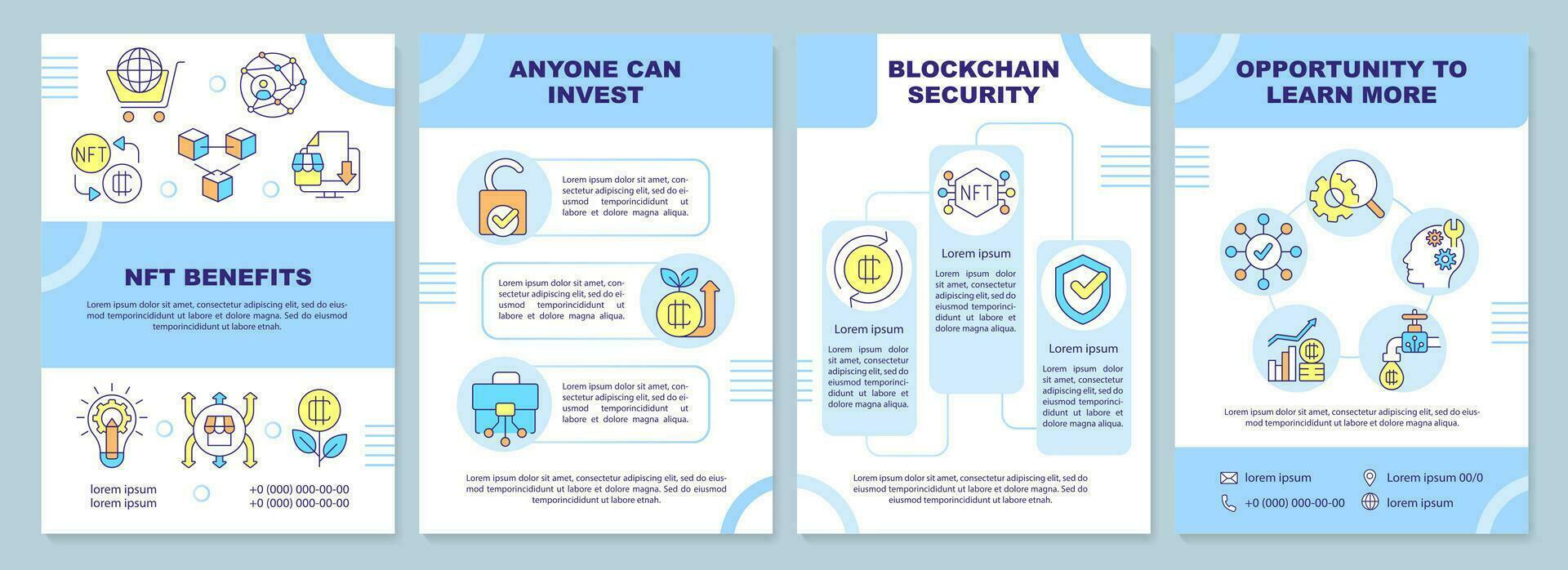 nft benefícios azul folheto modelo. criptografia vantagens. folheto Projeto com linear ícones. editável 4 vetor layouts para apresentação, anual relatórios