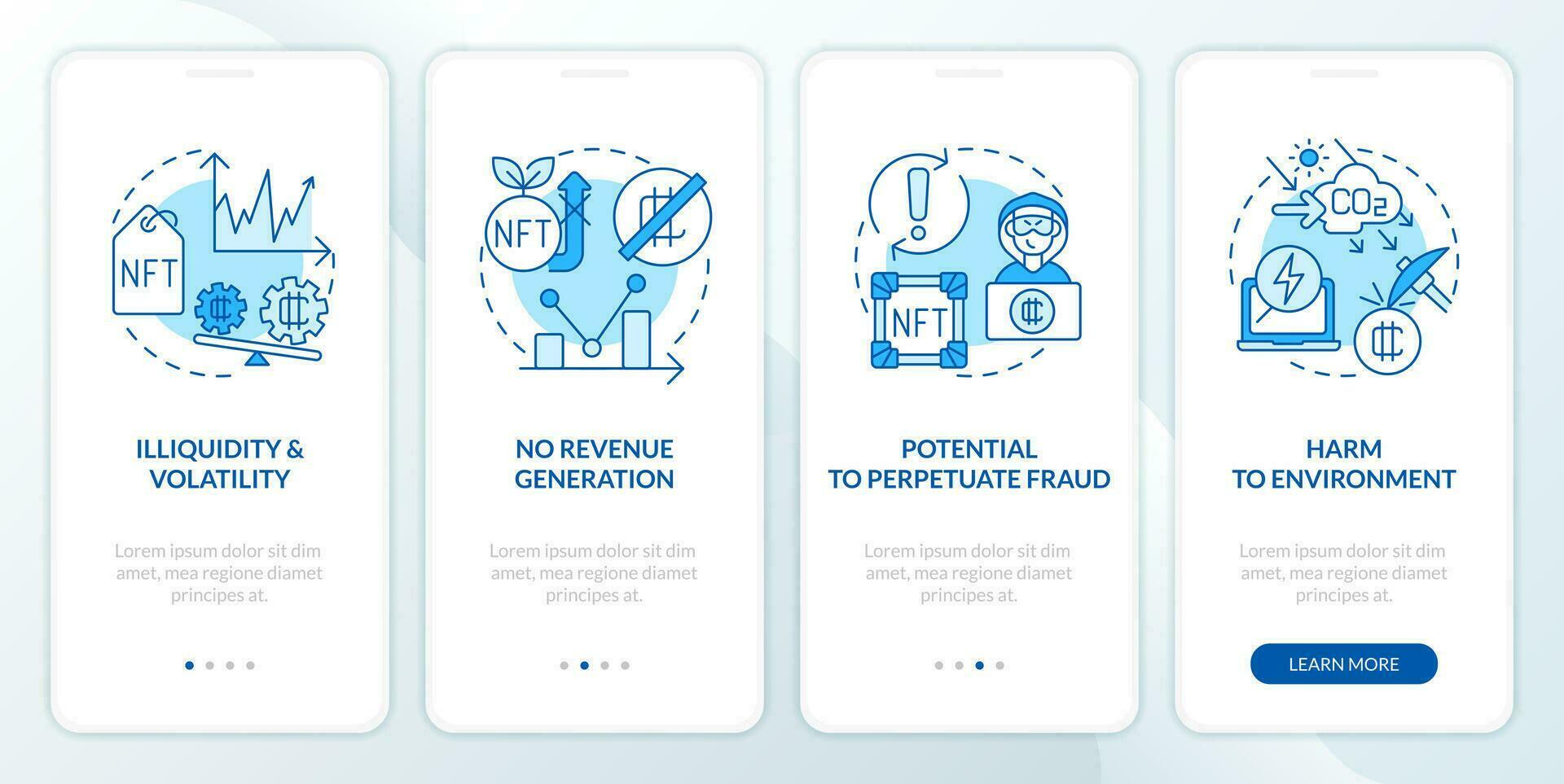 nft desvantagens azul onboarding Móvel aplicativo tela. problemas passo a passo 4 passos editável gráfico instruções com linear conceitos. interface do usuário, ux, gui modelo vetor