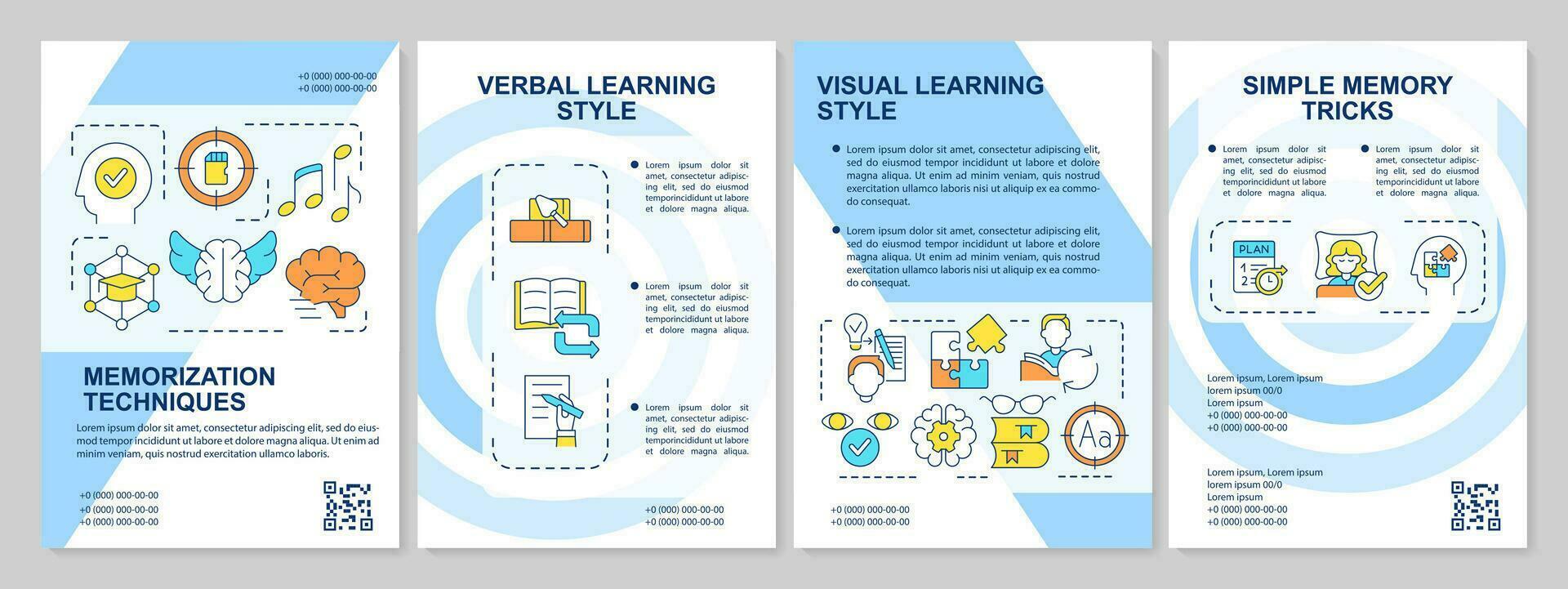 memorizando métodos azul folheto modelo. aprender estilo. psicologia. folheto Projeto com linear ícones. editável 4 vetor layouts para apresentação, anual relatórios