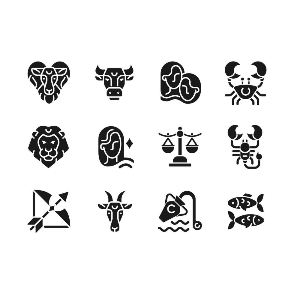 astrológico sinais Preto glifo ícones conjunto em branco espaço. doze ocidental zodíaco elementos. constelações personalidade tipos. silhueta símbolos. sólido pictograma pacote. vetor isolado ilustração