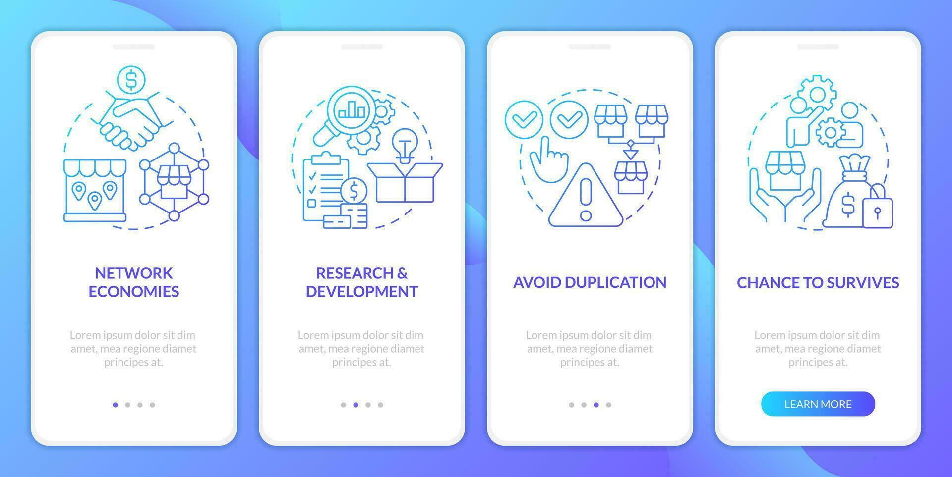 benefícios do fusões azul gradiente onboarding Móvel aplicativo tela. pesquisa passo a passo 4 passos gráfico instruções com linear conceitos. interface do usuário, ux, gui modelo vetor