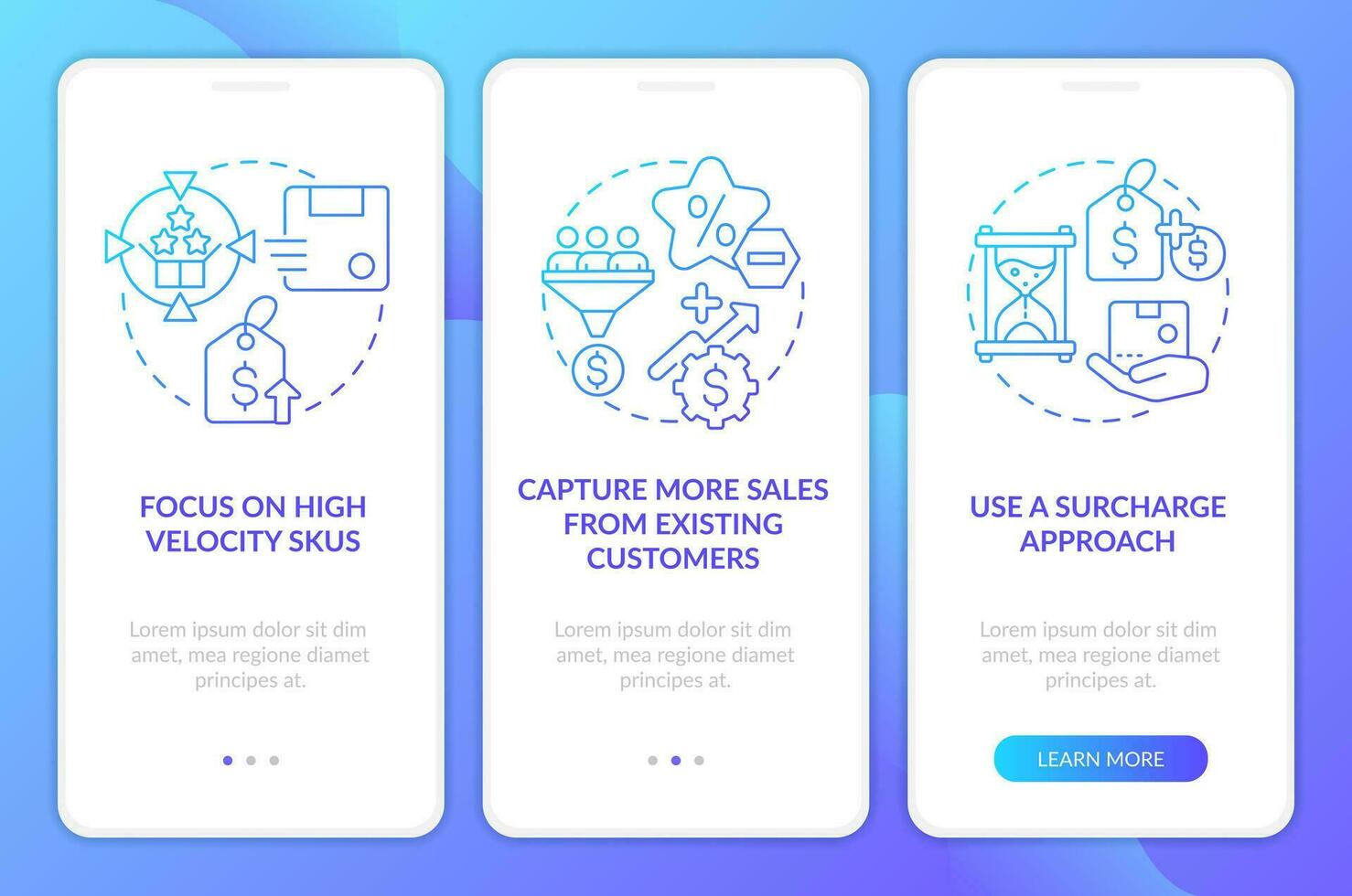 estratégias para levantando preços azul gradiente onboarding Móvel aplicativo tela. passo a passo 3 passos gráfico instruções com linear conceitos. interface do usuário, ux, gui modelo vetor