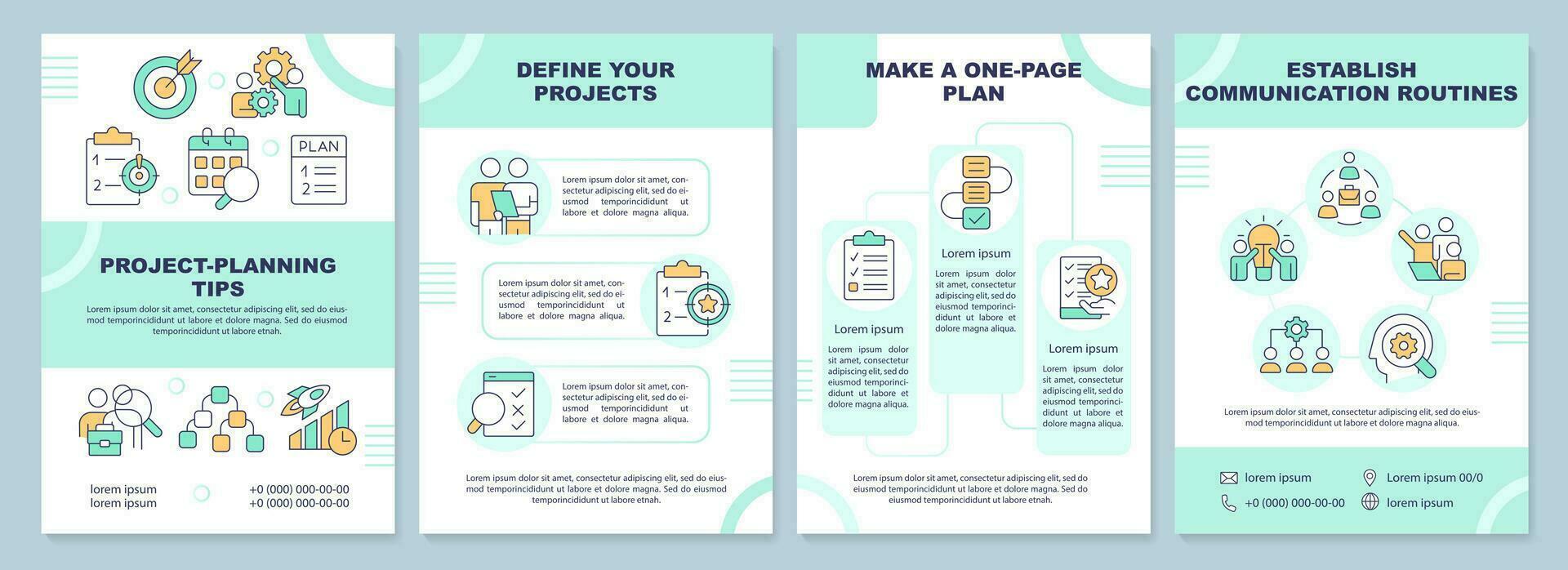 projeto planejamento dicas verde folheto modelo. gerenciamento. folheto Projeto com linear ícones. editável 4 vetor layouts para apresentação, anual relatórios