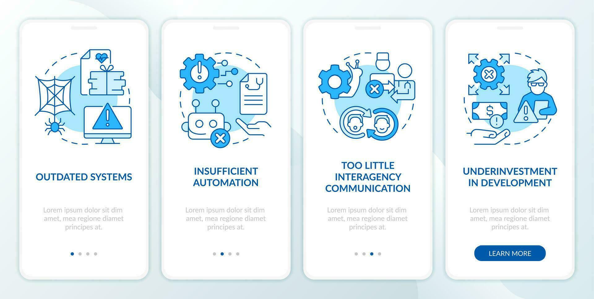 tecnologia problemas dentro público saúde sistema azul onboarding Móvel aplicativo screen.walkthrough 4 passos editável gráfico instruções com linear conceitos. interface do usuário, ux, gui modelo vetor