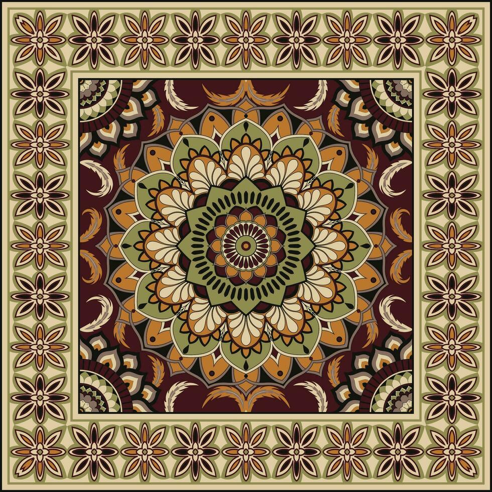 étnico quadrado tapete com flor mandala dentro caloroso tons. indiano, asteca, mexicano motivos.bandana imprimir. vetor