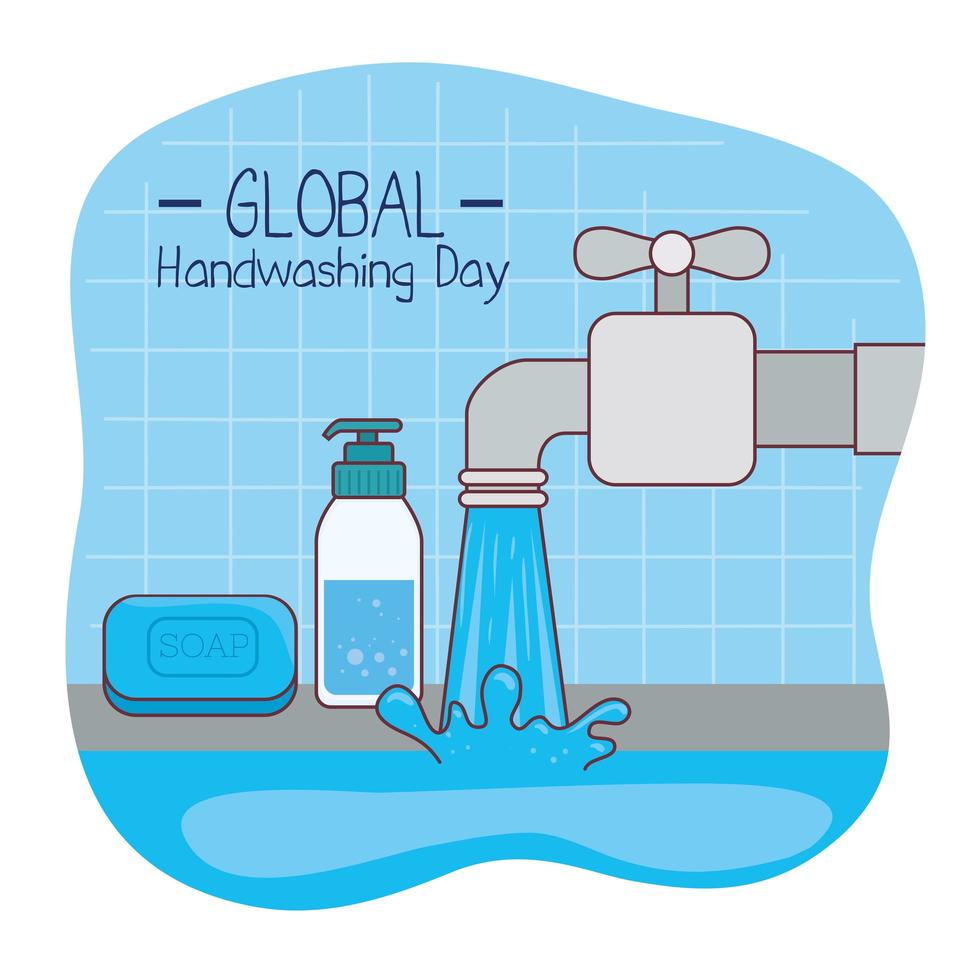 design global da torneira de água e sabão do dia de lavagem de mãos vetor