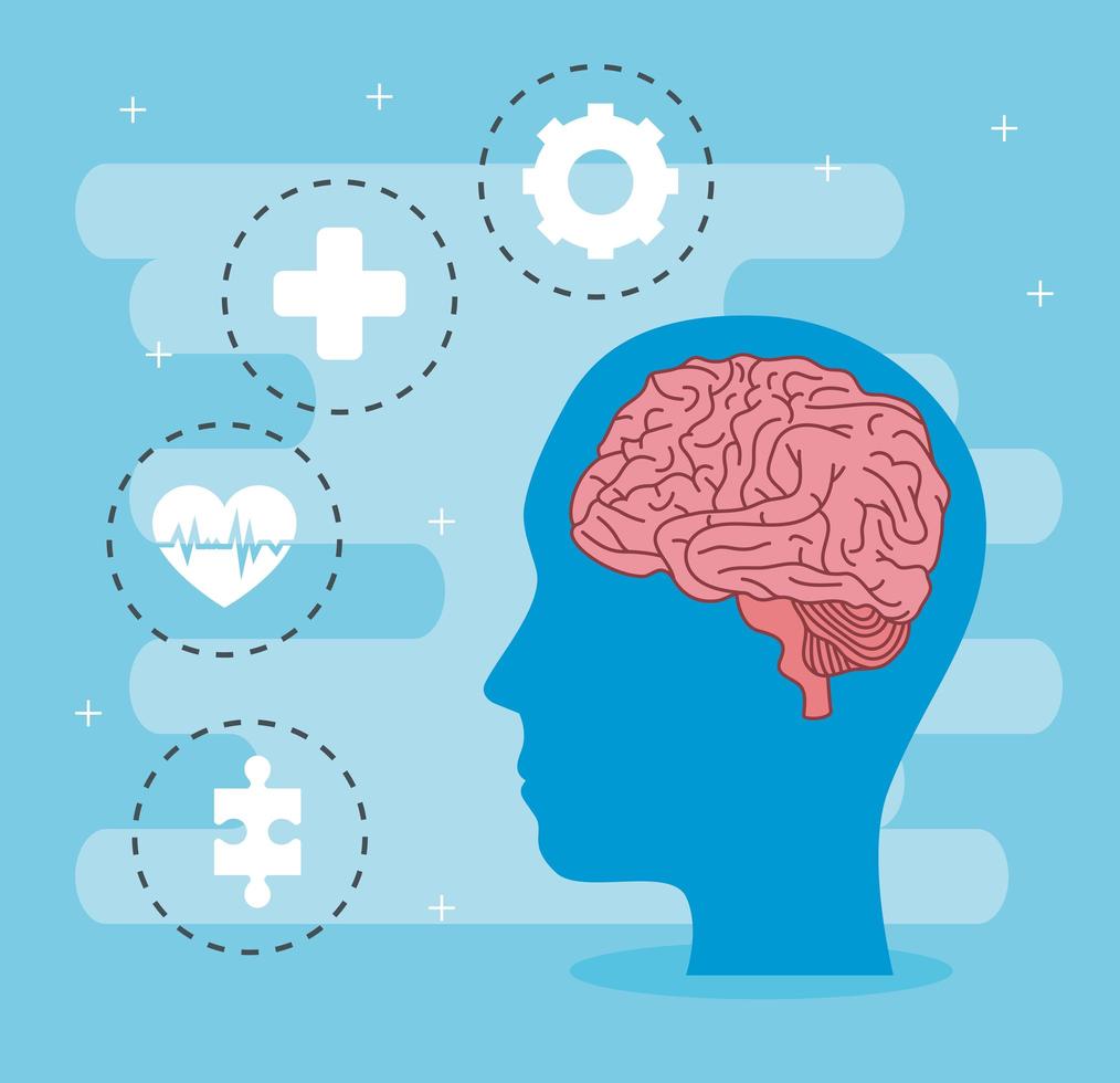 saúde mental do cérebro na cabeça e desenho vetorial de conjunto de ícones vetor