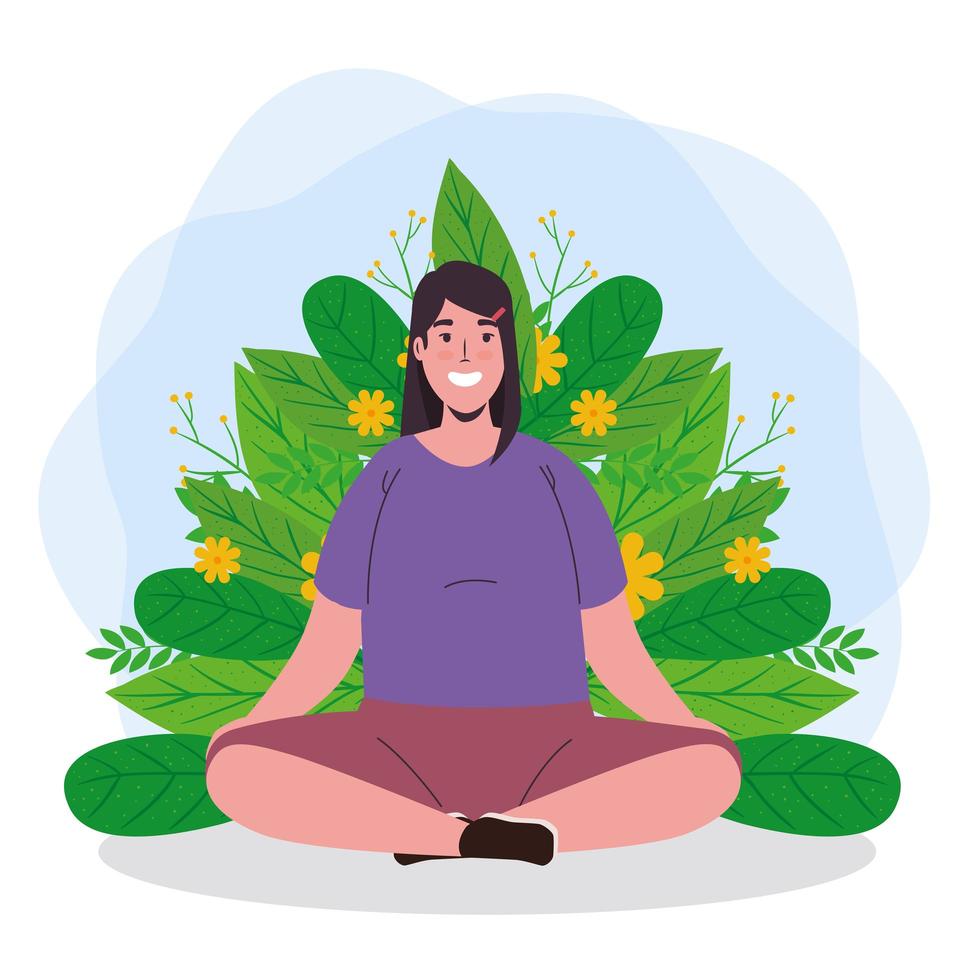 saúde mental de mulher meditando com folhas de desenho vetorial vetor
