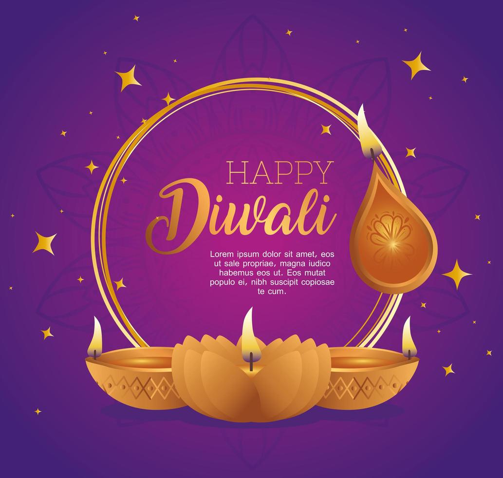 feliz diwali em círculo com desenho vetorial de velas diya vetor