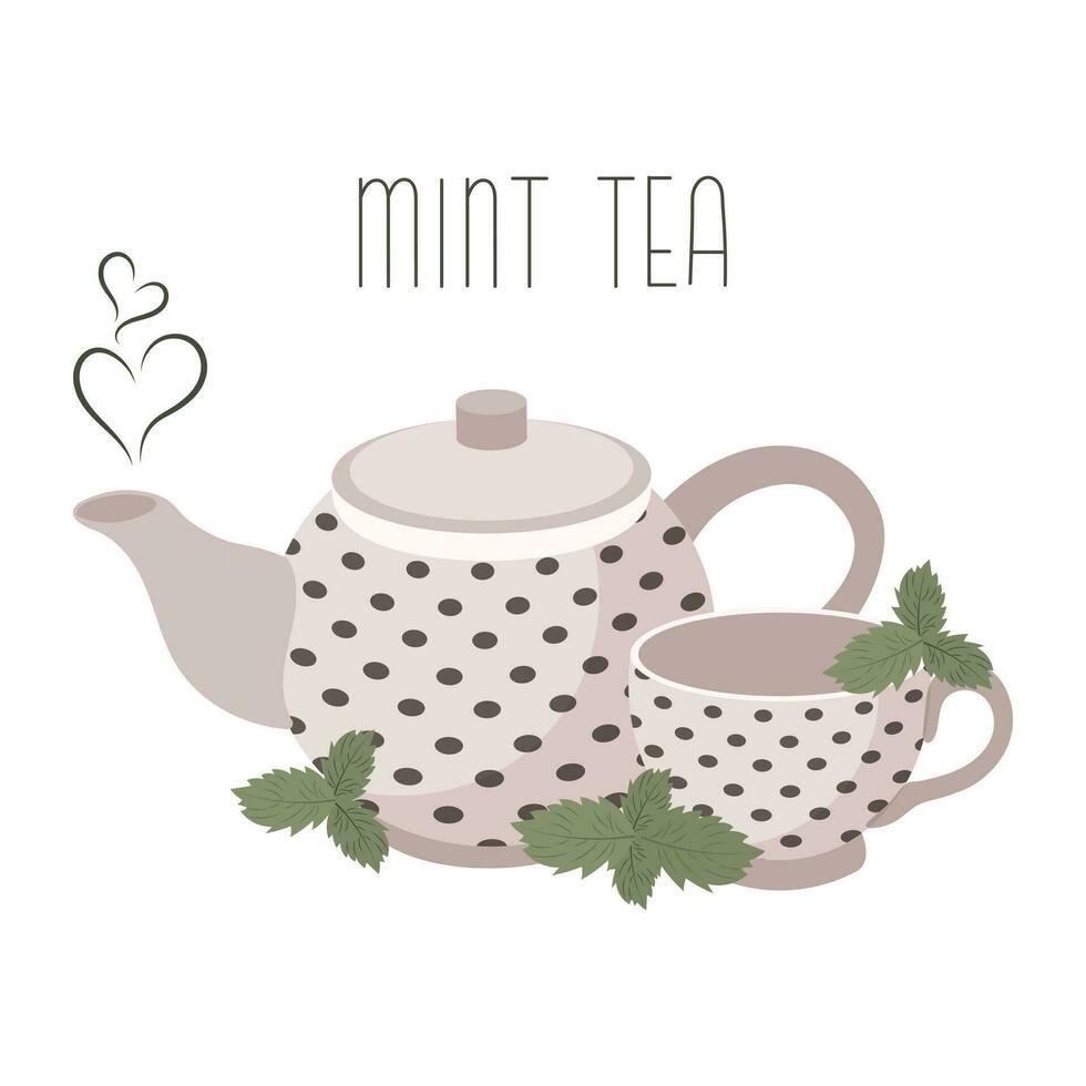 hortelã-pimenta chá, saudável bebida. chaleira e copo com hortelã chá e hortelã. ilustração, vetor