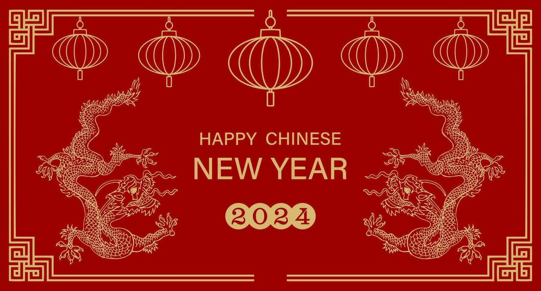 feliz chinês Novo ano 2024. zodíaco placa. ano do a Dragão. Natal fundo com dourado dragões e chinês lanternas. ilustração, vetor