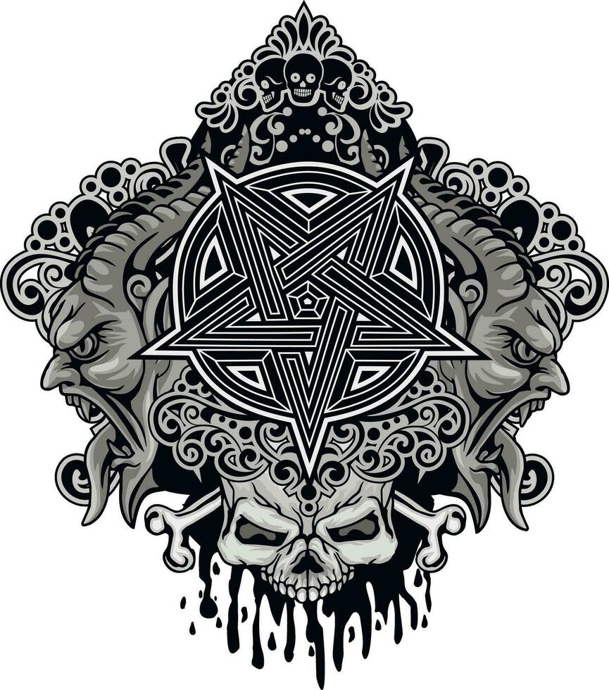 gótico placa com crânio e pentagrama, grunge vintage Projeto t camisas vetor