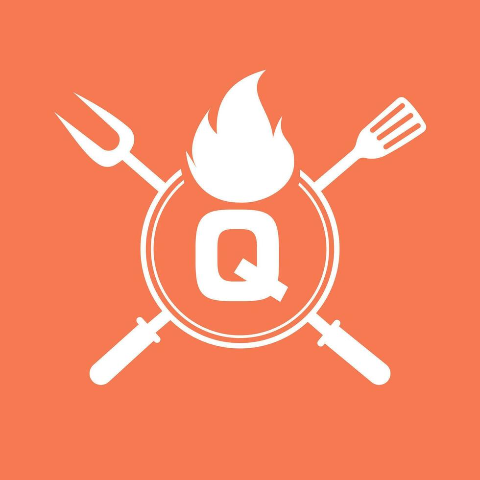 carta q restaurante logotipo com grade garfo e espátula ícone. quente grade símbolo vetor