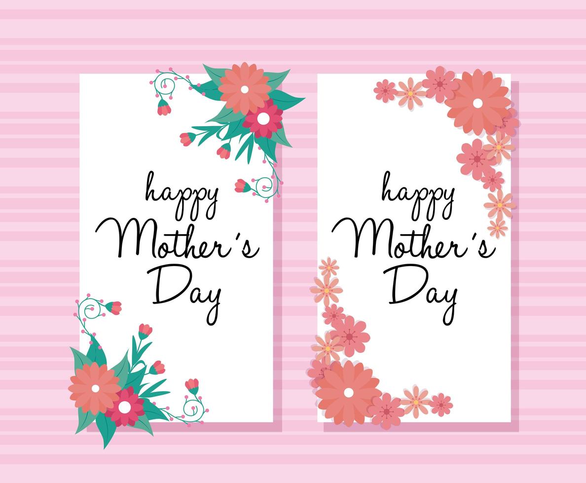 conjunto de cartões de feliz dia das mães com decoração de flores e folhas vetor