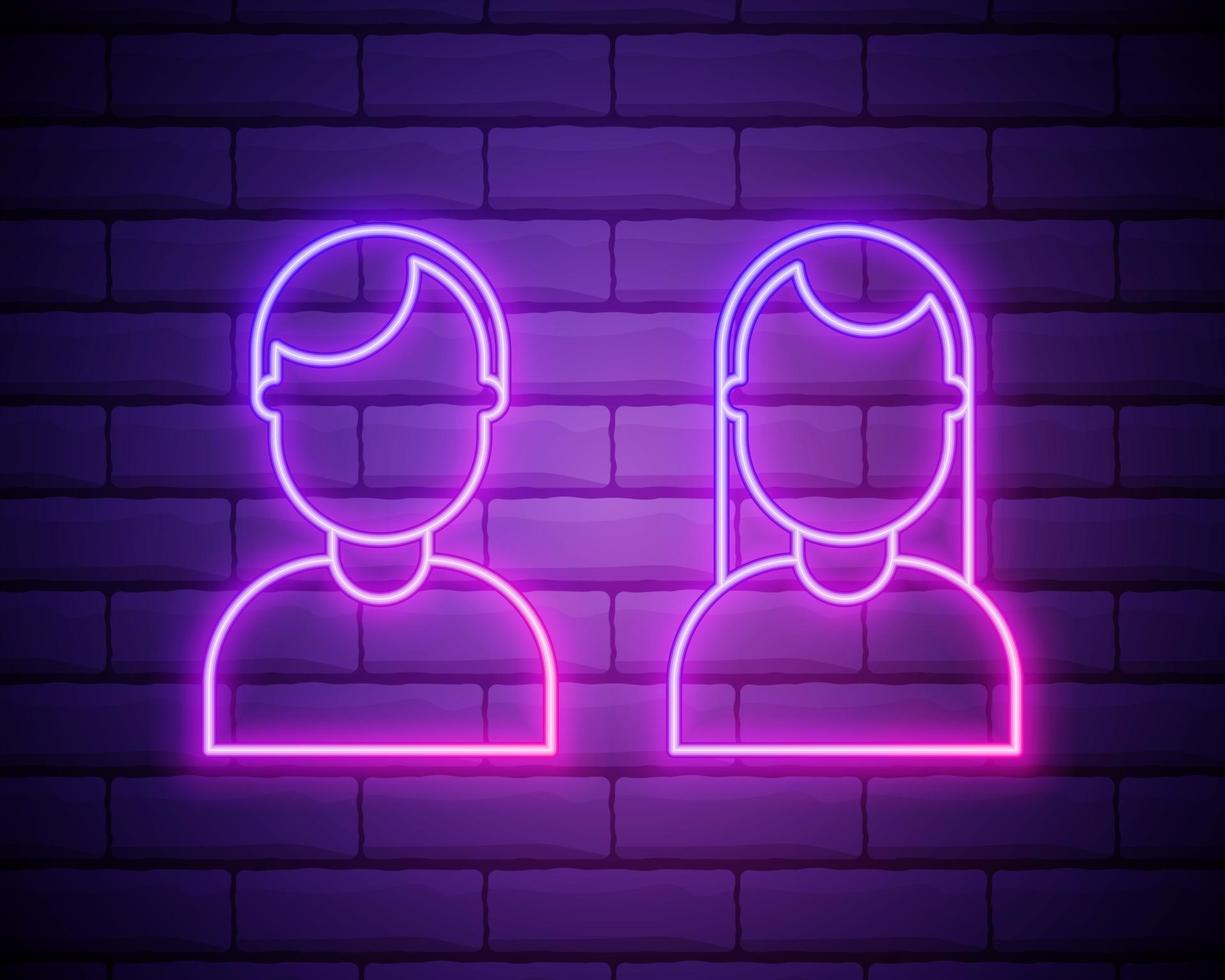 homem e mulher assinam ilustração vetorial de ícone de símbolo de contorno linear brilhante néon rosa isolada na parede de tijolos vetor