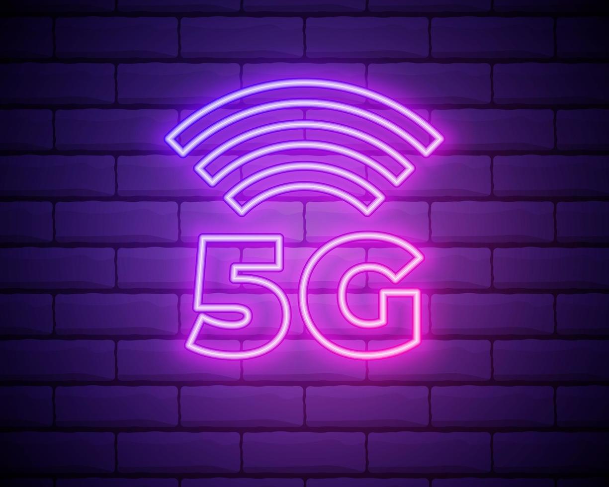 ícone de rede neon 5g, tecnologia móvel. sinal de néon, conexão de internet sem fio 5g com taxa de transferência de dados de alta velocidade para telefones. símbolo brilhante isolado, ilustração vetorial isolada na parede de tijolos vetor