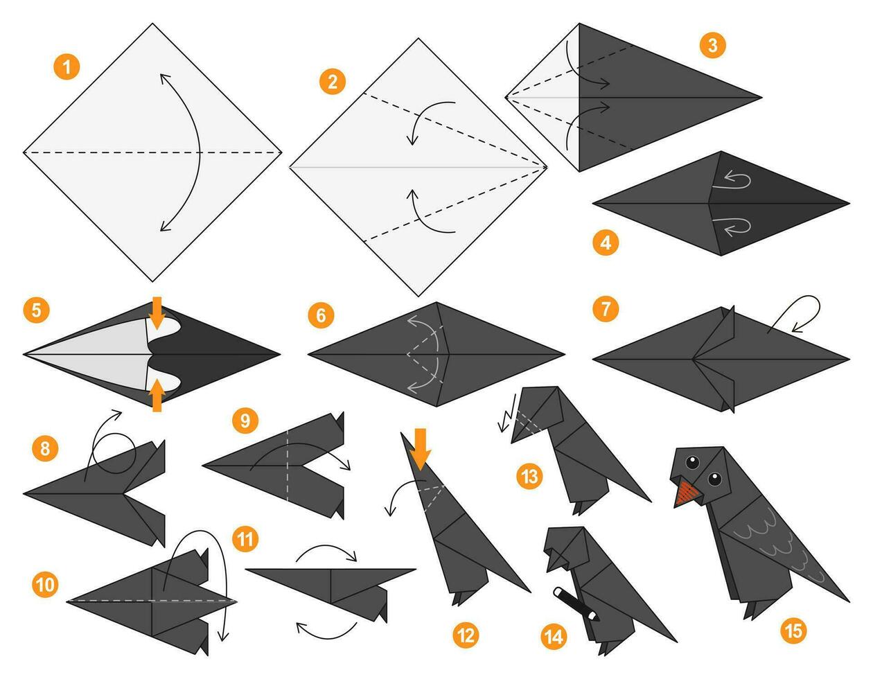 pássaro origami esquema tutorial comovente modelo. origami para crianças. degrau de degrau quão para faço uma fofa origami corvo. vetor ilustração.