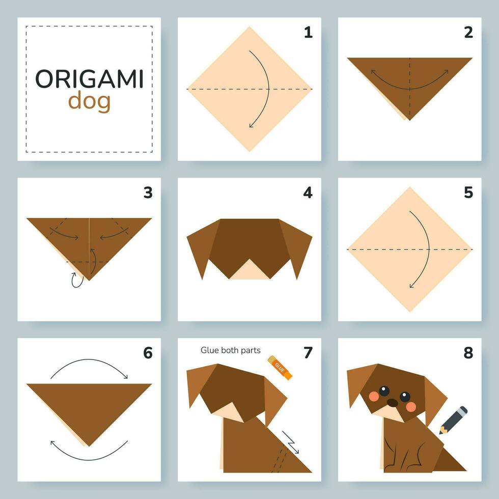 cachorro origami esquema tutorial comovente modelo. origami para crianças. degrau de degrau quão para faço uma fofa origami filhote de cachorro. vetor ilustração.