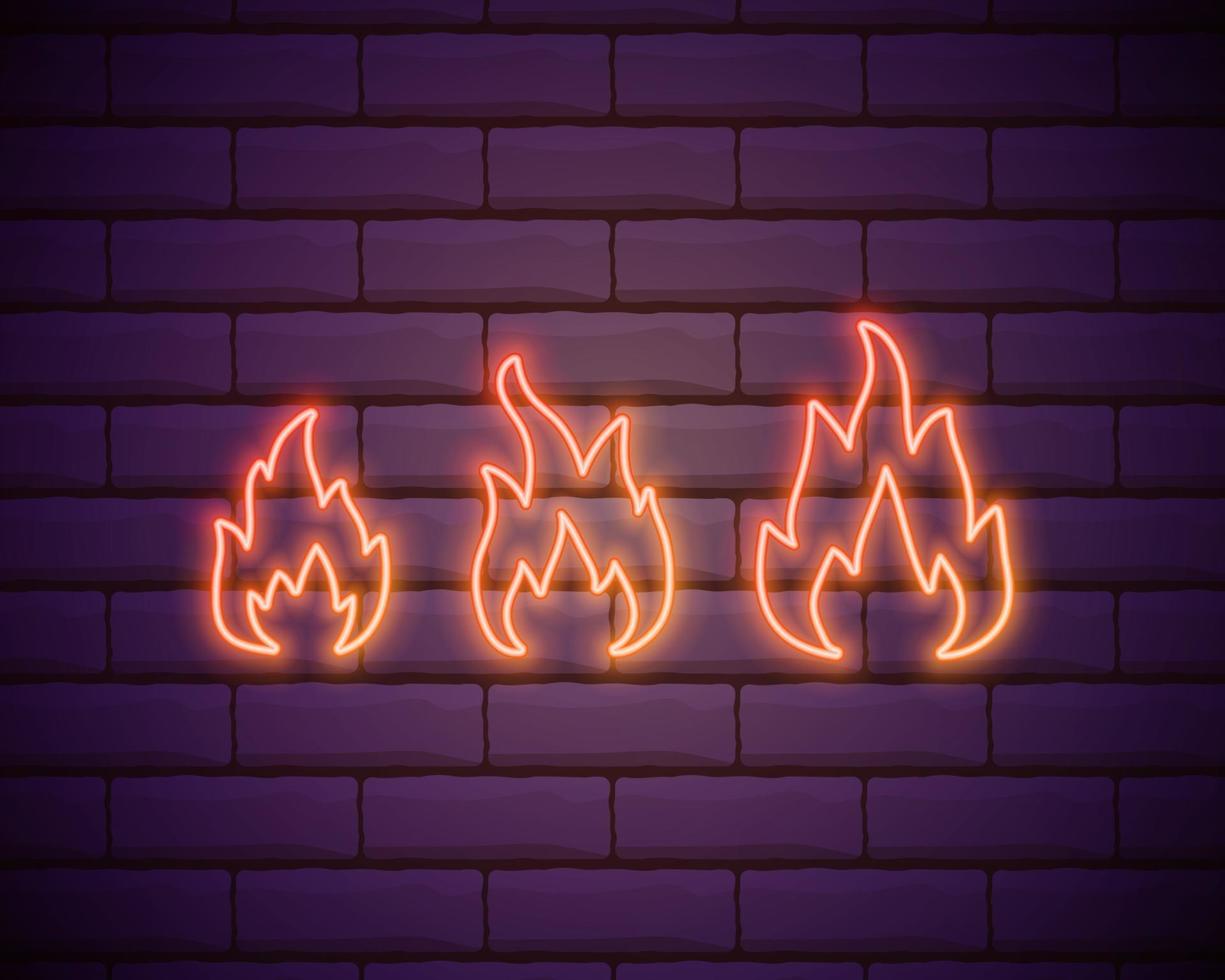 ícone de fogo de néon. elementos em ícones de estilo neon. ícone de chama de néon simples para sites, web design, aplicativo móvel isolado na parede de tijolos vetor