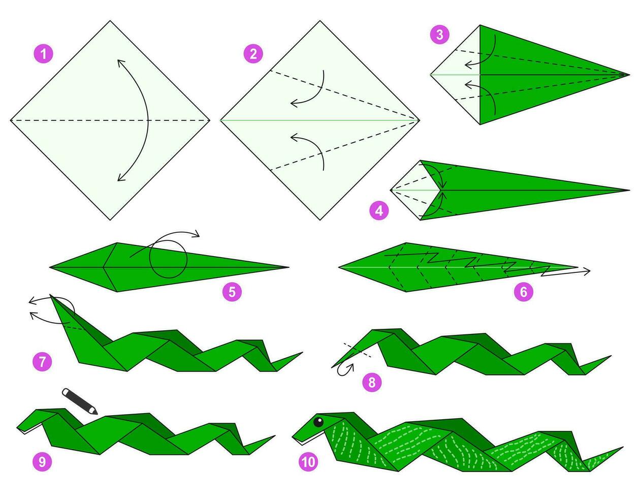 serpente origami esquema tutorial comovente modelo. origami para crianças. degrau de degrau quão para faço uma fofa origami réptil. vetor ilustração.