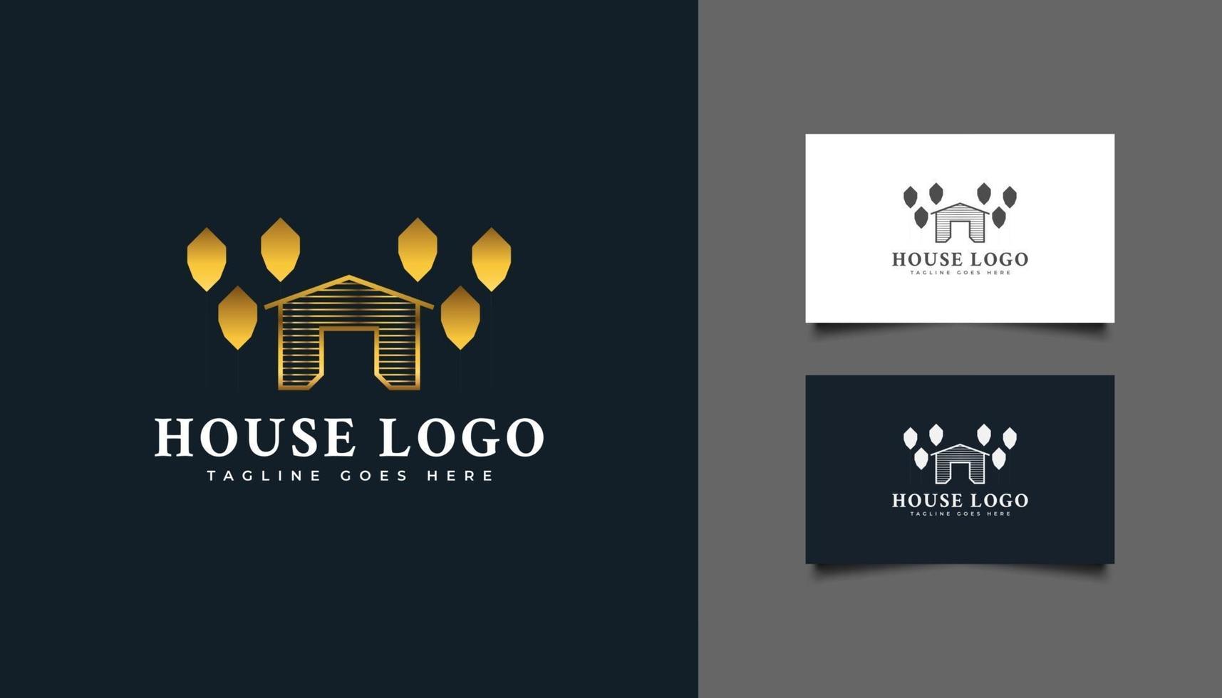 logotipo da casa de luxo com árvores em gradiente de ouro. construção, arquitetura, construção ou logotipo da casa vetor