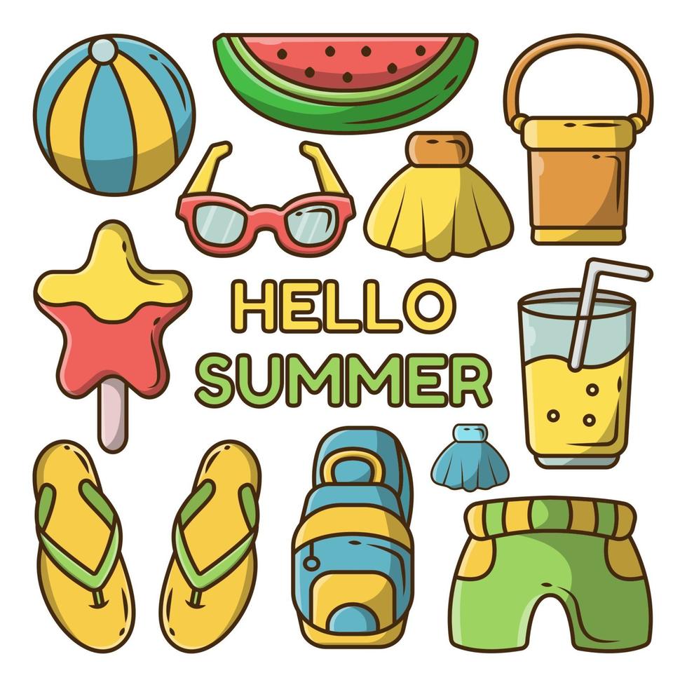 conjunto de desenhos animados de elementos de verão desenhados à mão doodle com banner de saudação de verão vetor