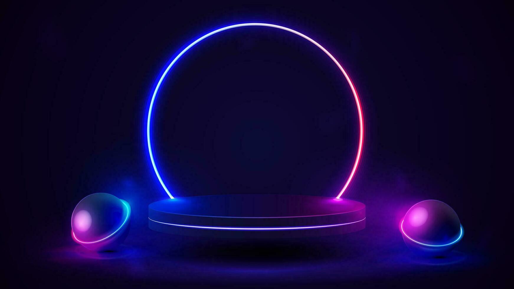 esvaziar pódio com linha gradiente Rosa e azul néon anel e néon esferas. 3d renderizar. vetor