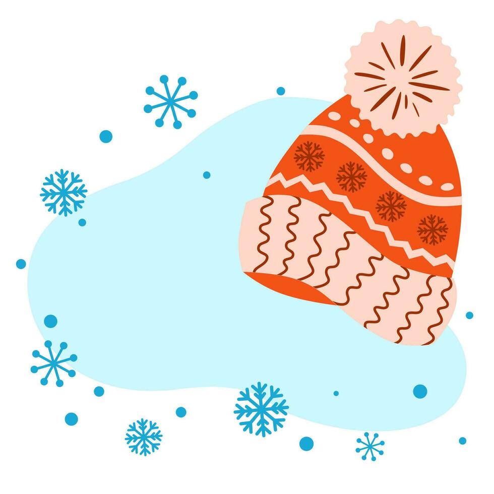 inverno modelo Natal bandeira Novo ano cumprimento cartão convite com Lugar, colocar para texto decorativo tricotado vermelho boné isolado em branco Nevado azul bolha rótulo venda esfolador vetor ilustração.