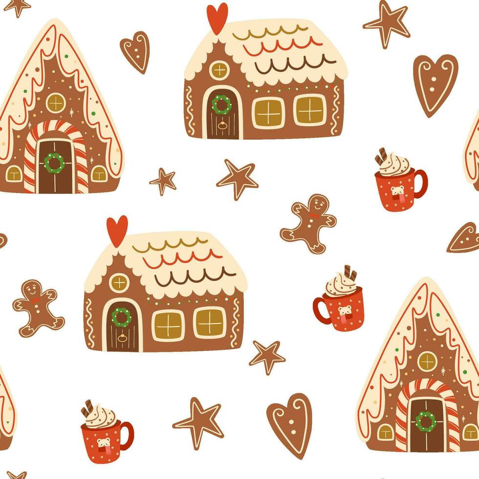 Natal Pão de gengibre casas desatado padrões. fofa Pão de gengibre biscoitos repetir fundo. inverno feriado vetor imprimir. Natal recorrente textura para superfície projeto, papeis de parede, tecidos, embrulho papel