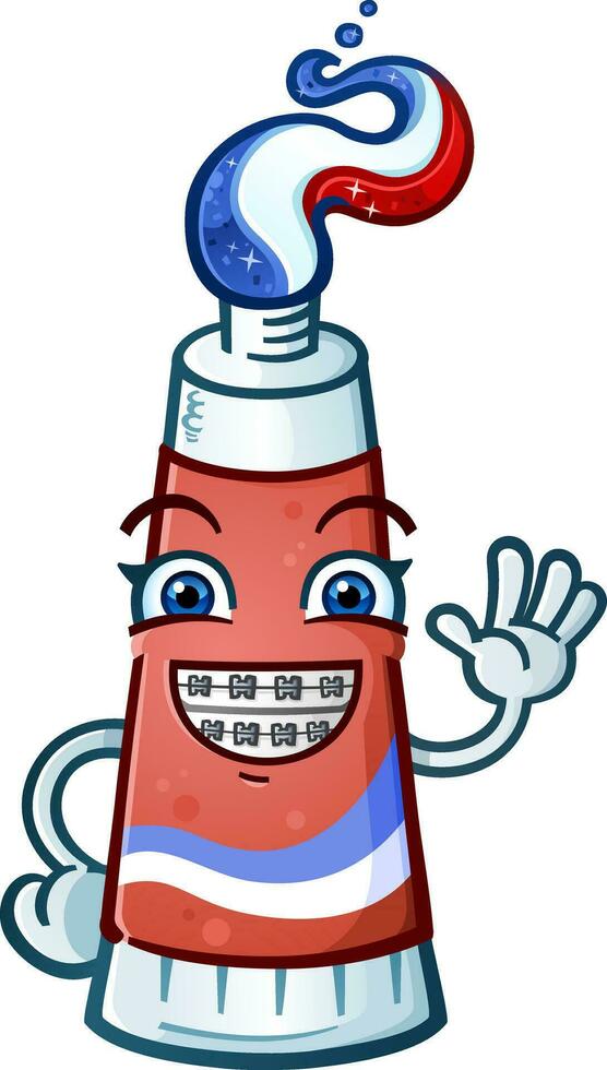 uma infantil pasta de dentes desenho animado personagem mascote com vermelho branco e azul gel em forma para dentro uma penteado vestindo ortodôntico suspensórios em dele enorme sorrir e acenando para pegue seu atenção sobre dental saúde vetor