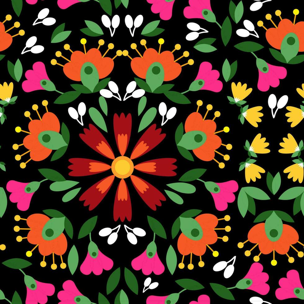 floral mexicano bordado dentro uma desatado padronizar em uma Preto fundo vetor