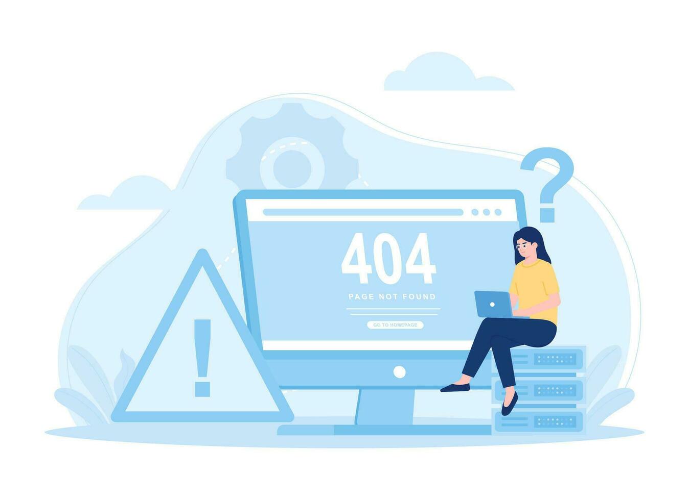 uma mulher estão olhando para dados armazenamento erros, 404 erro conceito plano ilustração vetor