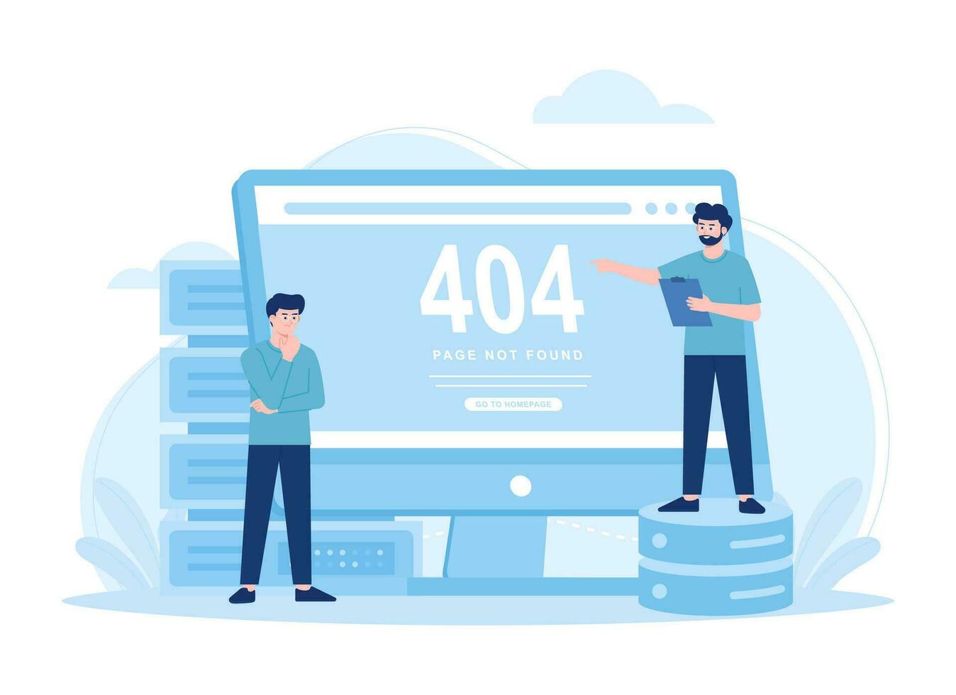 pessoas estão olhando para dados armazenamento erros, 404 erro conceito plano ilustração vetor